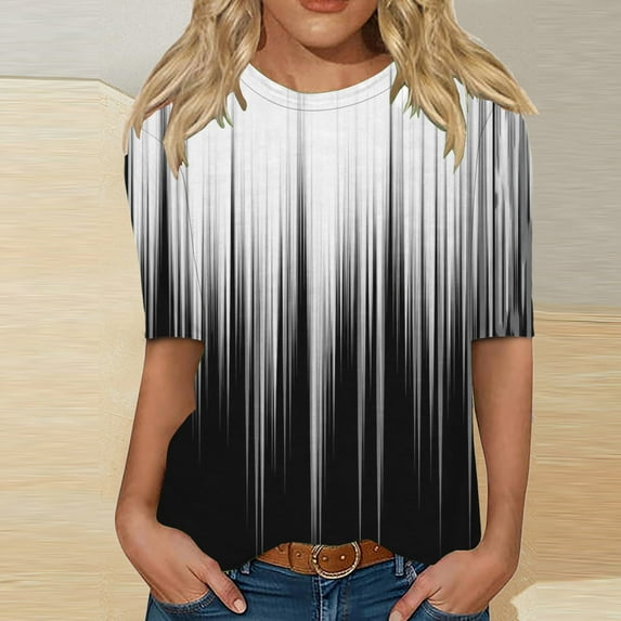 Sakmal Black Fashion Tops for Women Elbow-Length Graphic Crew Neck T-Shirts Womens Shirts