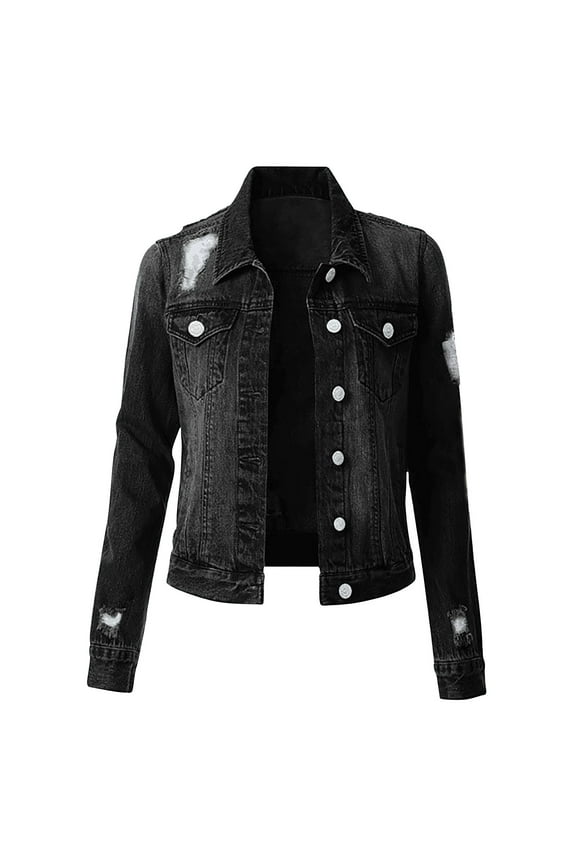 Black Jackets for Women Outerwear Jean Denim Jacket Solid Casual Cropped Tops for Women