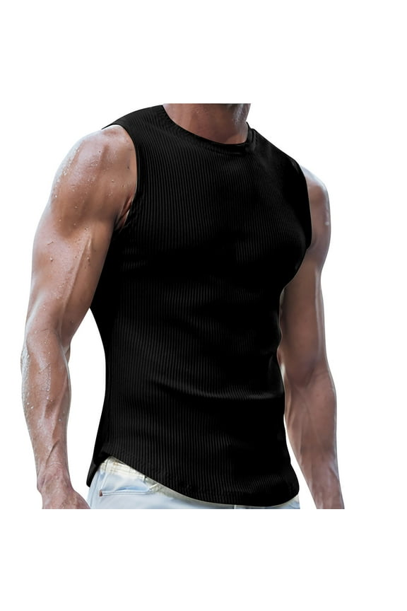 Black Men'S Tank Tops Scoop Neck Black Solid Stringer Camisole Ribbed Workout Mens Sleeveless Tee Shirts