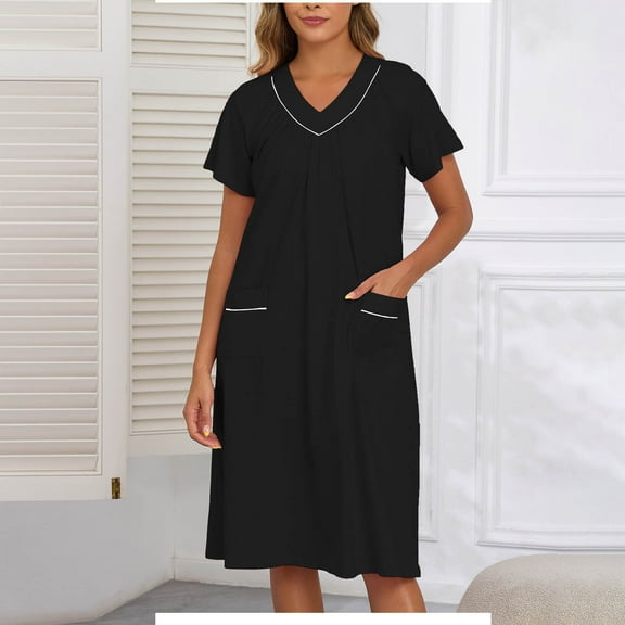 Sakmal Black Moo Moos for Women Nightgown Long Cotton Casual Mumu Dress Solid Short Sleeve Nightgowns with Pockets