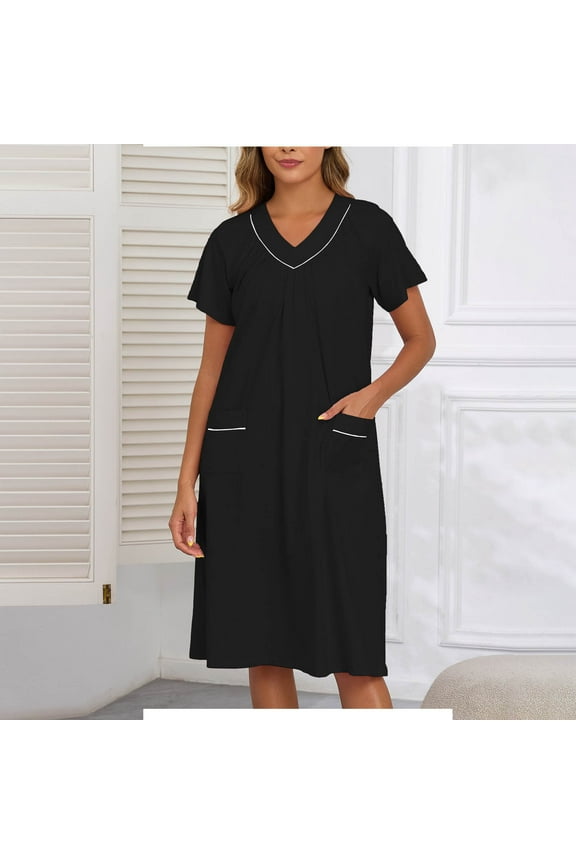 Black Moo Moos for Women Nightgown Long Cotton Casual Mumu Dress Solid Short Sleeve Nightgowns with Pockets