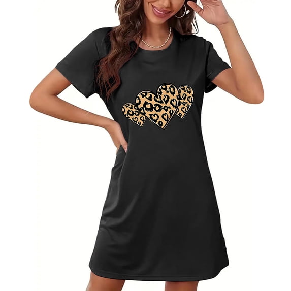 Sakmal Black Moomoo Womens Nightgown Soft Short Night dress Heart Print Short Sleeve Nightgowns for Women
