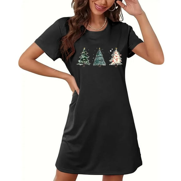 Sakmal Black Nightgowns for Women Playful Plus Size Lightweight Christmas Mumu Dress Short Short Sleeve Christmas Trees Print Crew Neck Nightgowns S-2XL