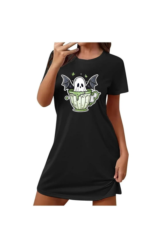 Black Nightgowns for Women Lightweight Halloween Plus Size Short Loungewear Ghost Print Short Sleeve Nightgowns for Women