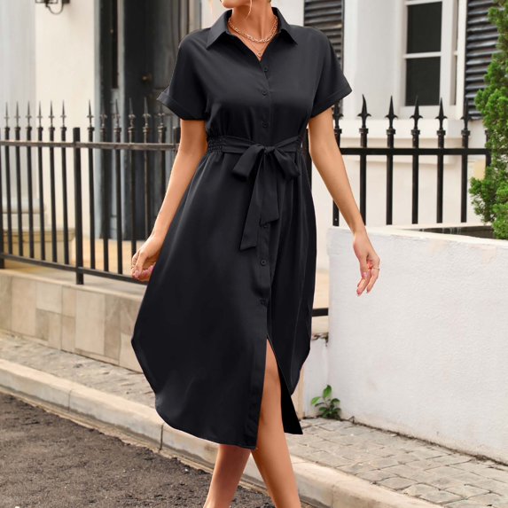 Sakmal Black Shirt Dresses for Curvy Women Long Work Semi Formal Dress Short Sleeve Collared Dresses