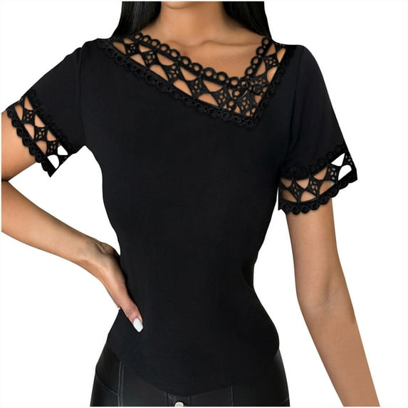 Sakmal Summer Tops for Women Black Short Sleeve Vintage Solid Square Neckline T-Shirts Ladies Tops and Blouses