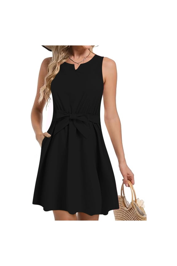 Black Sundresses for Women 2024 Mid-Length Notch Neck Tie Pleated Solid Sleeveless A-Line Dress