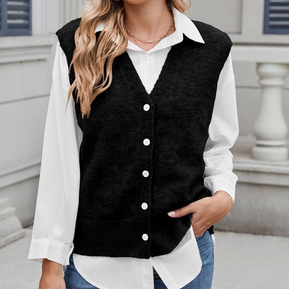Sakmal Black Sweaters Women Pullover Button Down Ugly Sweater Vest Sleeveless Solid Fashion V Neck Sweaters for Women