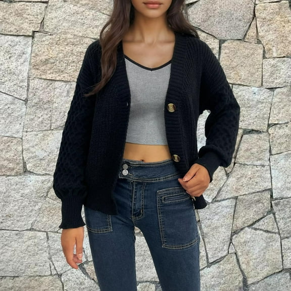Sakmal Black Sweaters for Women 2025 Button Down Oversized Cardigan Cozy Tops Solid V Neck Fashion Sweaters for Women