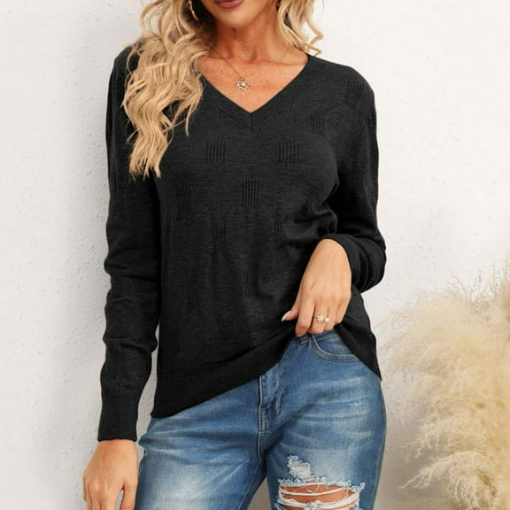 Sakmal Black Sweaters for Women 2025 Cotton Lightweight Pullover Tops Solid V Neck Fashion Sweaters for Women