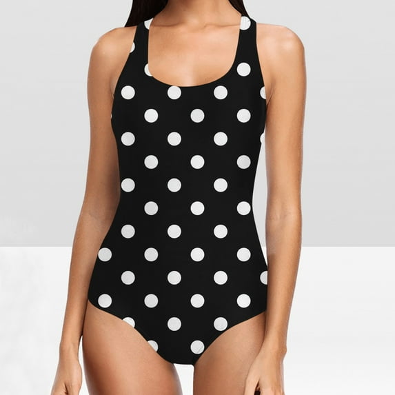 Sakmal Black Swimsuit Slimming Tummy Control Square Neck One Piece Swimsuit Polka Dot Swimwear
