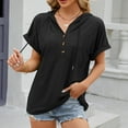 thumbnail image 1 of Sakmal Black Trendy Tops for Women 2024 Short Sleeve Drawstring Solid V-Neck Hoodies Womens T Shirts, 1 of 5