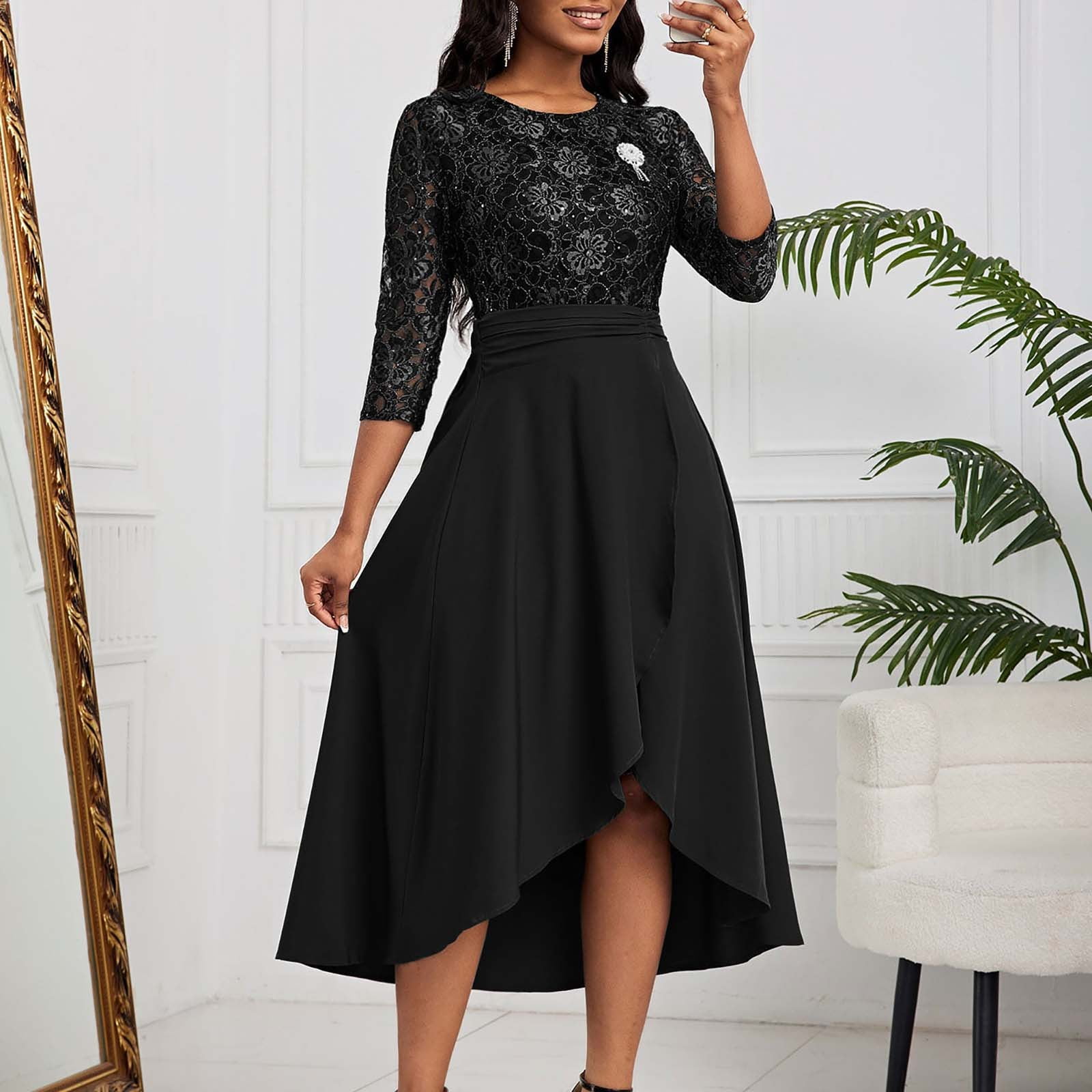 Sakmal Black Women Dresses Wedding Guest Cocktail Long Dress Crew Neck ...