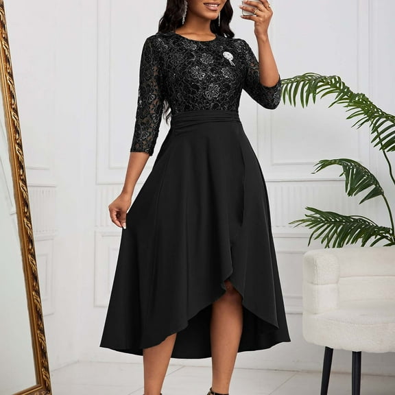 Sakmal Black Women Dresses Wedding Guest Cocktail Long Dress Crew Neck Lace Dresses with Wrap