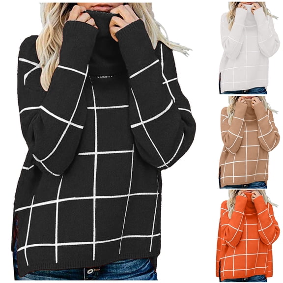 Sakmal Black Women Sweaters Turtleneck Oversized Knitted Plaid Sweaters for Women M
