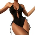 thumbnail image 1 of Sakmal Black Womens Bathing Suits Cutout Tie Side Tummy Control One Piece Swimsuits Solid Halter Deep V-Neck Swimwear, 1 of 8