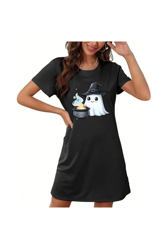 Black Womens Moomoo Nightgowns Lightweight Halloween Short Plus Size Sleep Dress Ghost Print Short Sleeve Nightgowns for Women