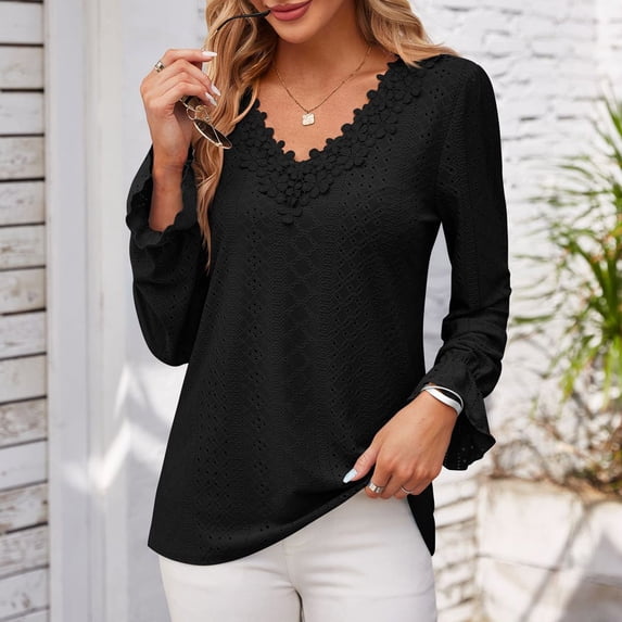 Sakmal Black Womens Tops Under $5 Long Sleeve Hollow Lace V-Neck Solid T-Shirts Womens Shirts Plus Size