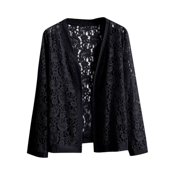 Sakmal Black Womens Winter Coats Cover-Up Lightweight Long Sleeve Solid Cutout Cardigan Lace Ladies Coat