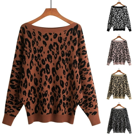 Sakmal Black Work Sweaters for Women Office Plus Size Leopard Print Streetwear Crew Neck Sweater for Women