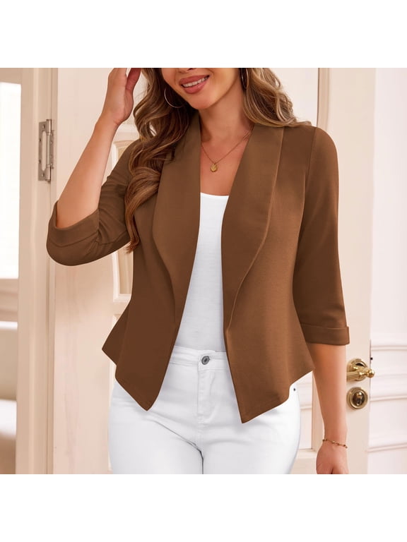Blazers for Women Business Casual Brown Suit Jacket 3/4 Sleeve Trendy Women's Blazer L