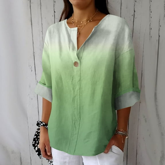 Sakmal Blouse Tops for Women Plus Size Green Work Button Down Shirts Long Sleeve V Neck Gradient Tops for Women