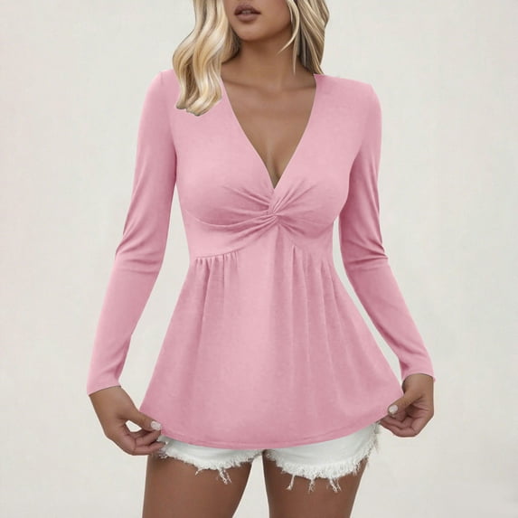 Sakmal Blouses Women Cute Peplum Pink Tops Solid V Neck Long Sleeve Tops for Women