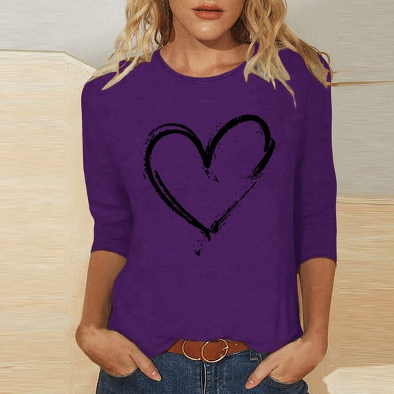 Sakmal Blouses for Women Crew Neck Heart 3/4 Sleeve Shirts Purple Blouses Women's Tops