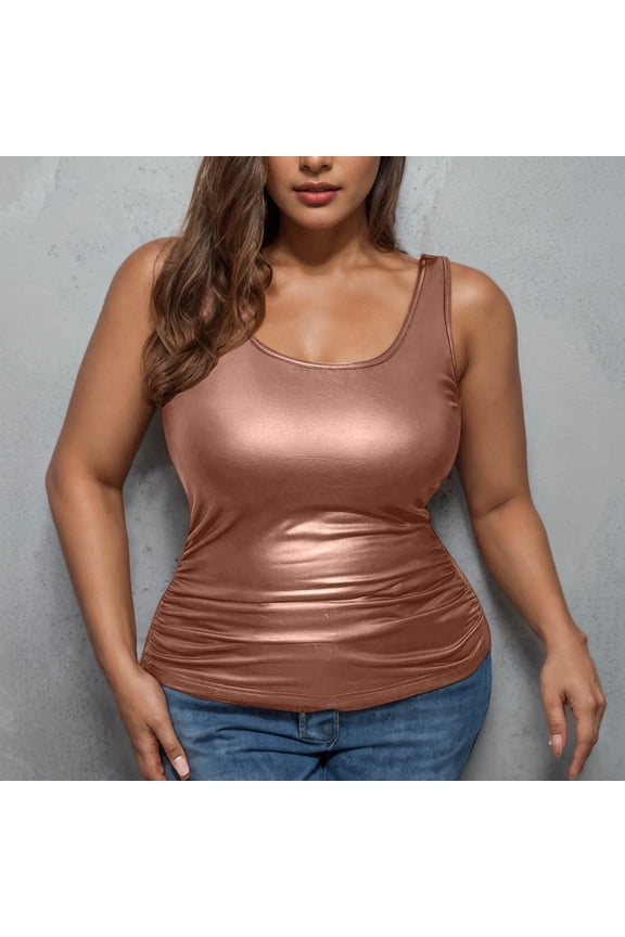 Blouses for Women Dressy Casual Scoop Neck Tank Tops Leather Sleeveless Shirts Brown Blouses Going Out Tops for Women