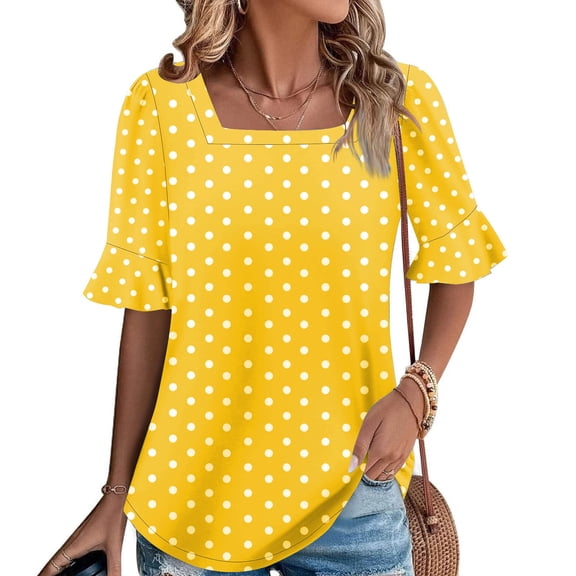 Sakmal Blouses for Women Yellow Trendy Shirts Polka Dot Square Neckline Short Sleeve Shirts for Women