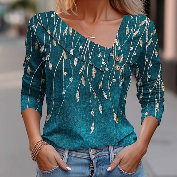 Sakmal Blue Blouse Tops for Women Cute Button Down Shirts Long Sleeve Collared Graphic Blouses for Women