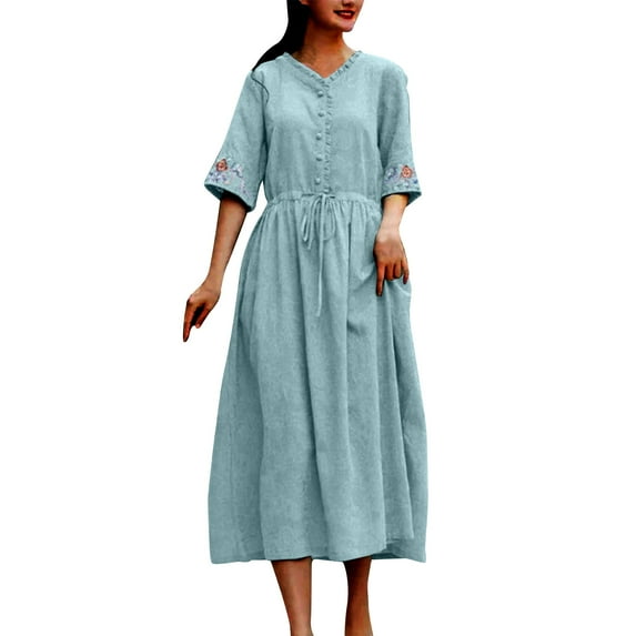 Sakmal Blue Dresses for Women 2024 Casual Spring Long V-Neck Solid Button Down Vintage Elbow-Length Shift Dress