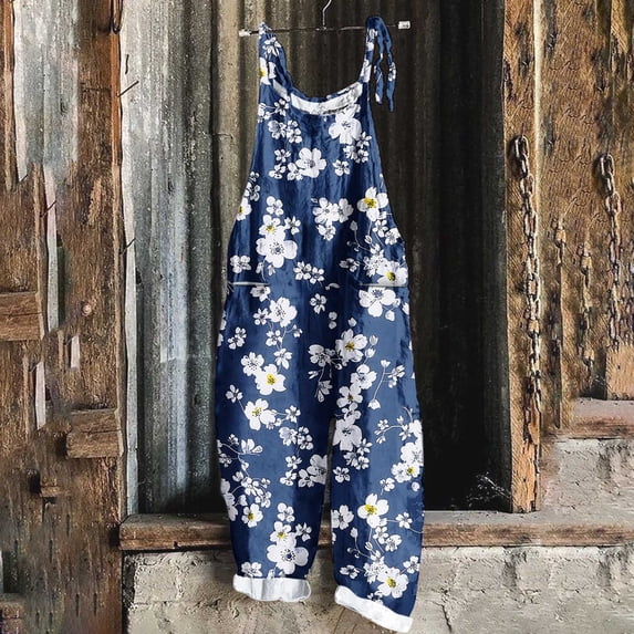 Sakmal Blue Jumpsuits for Women Sleeveless Plus Size Cuffed Overalls Full Wide Leg Floral Scoop Neck Pants with Pockets
