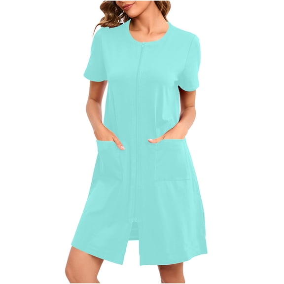 Sakmal Blue Moo Moos for Women Nightgown Full Zip Knee Length Lightweight Sleepshirt Short Sleeve Solid Nightgowns with Pockets