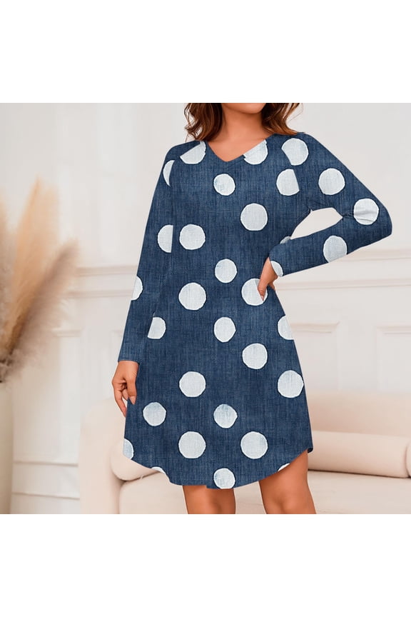 Blue Moomoo Dresses for Women Comfy Short Nightshirt Polka Dot Long Sleeve Nightgowns for Women