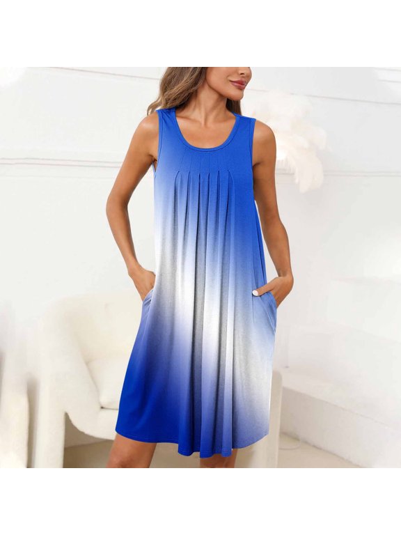 Blue Moomoo House Dress for Women Knee Length Soft Pleated Nightshirt Gradient Sleeveless Sleep Tanks with Pockets