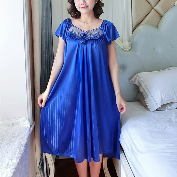 Sakmal Blue Moomoo Nightgowns Women Cloud-Like Pleated Stretchy Mumu Dress Floral Long Short Sleeve Square Neckline Nightgowns