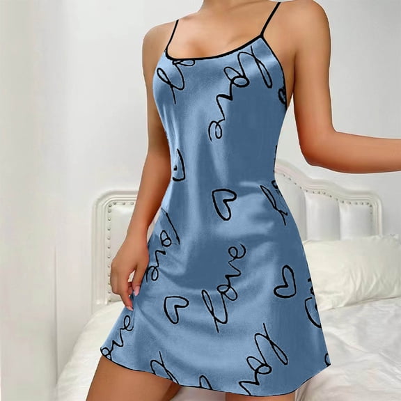 Sakmal Blue Moomoo Nightgowns for Women Plus Size Spaghetti Straps Lightweight Short Sleepwear Sleeveless Heart Print Chemises for Women