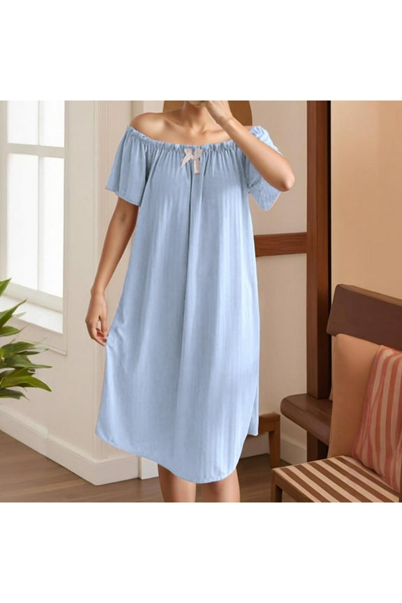 Blue Moomoos for Women Sleep Lightweight Pleated Plus Size Knee Length Night dress Solid Short Sleeve Nightgowns for Women