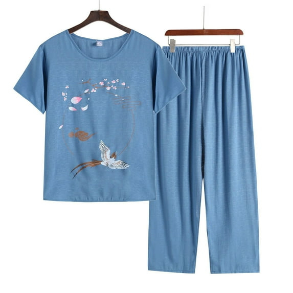 Sakmal Blue Pajamas for Women Trendy Cropped Short Sleeve Loose Fit Floral Cotton and Linen 2 Piece Girls Sleepwear
