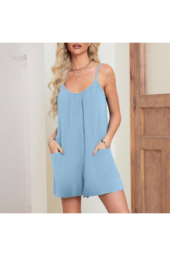 Blue Pants for Women Trendy Jumpsuit Short Linen Solid with Pockets Trousers for Ladies