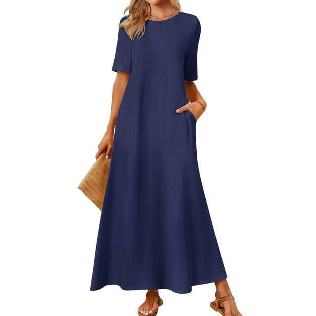 Sakmal Blue Plus Size Summer Dresses Long Crew Neck Solid Elbow-Length with Pocket Shift Dress