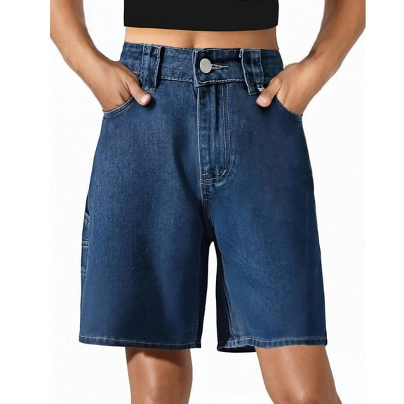 Sakmal Blue Shorts Women Denim Raw Hem Bermuda Straight Leg 10" High Waisted Shorts with Pockets
