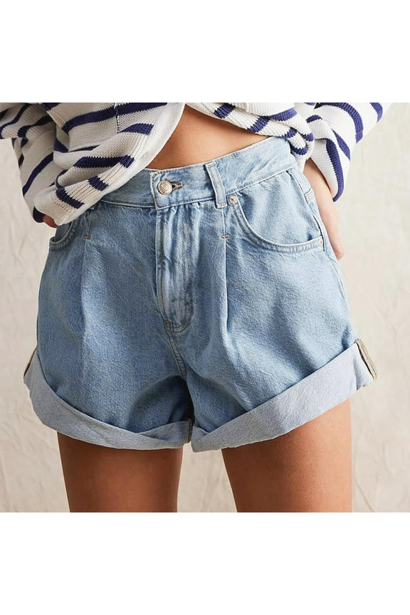 Blue Shorts Women Denim Rolled Hem Dark Wash Mid Rise 6 Inch Inseam Shorts with Pockets