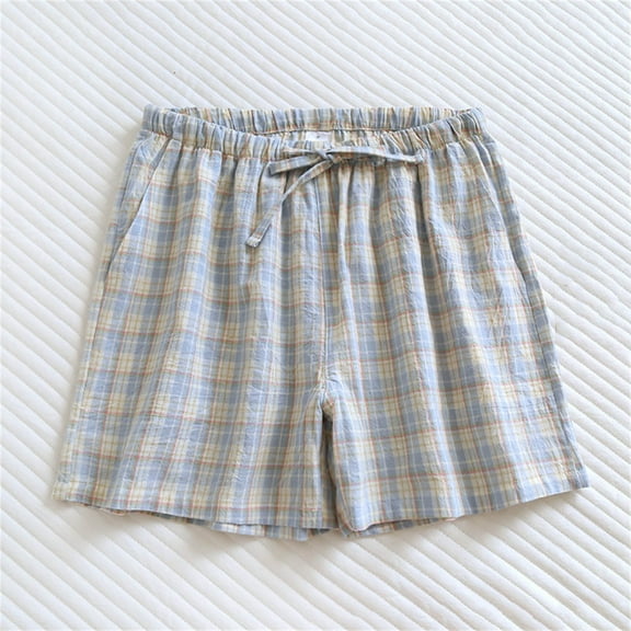 Sakmal Blue Shorts for Women Cotton Pajama 5 Inch Inseam Plaid Mid Rise Shorts with Pockets