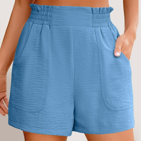 Sakmal Blue Shorts for Women Summer Ruffle Solid High Waisted 5 Inch Inseam Shorts with Pockets