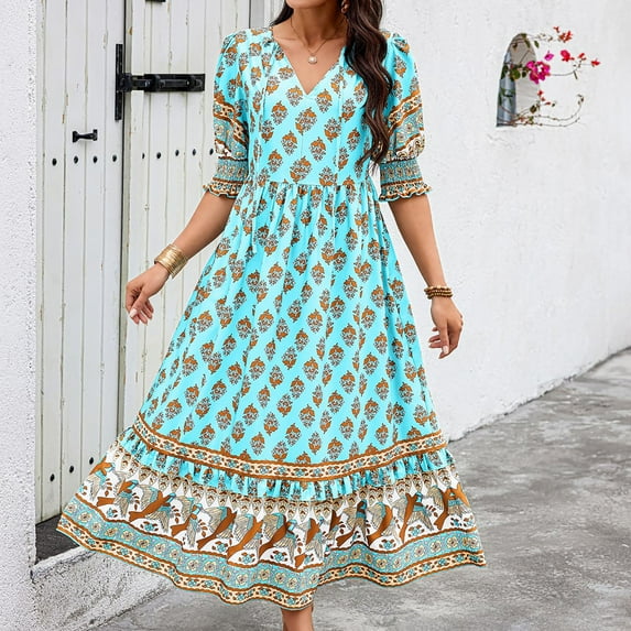Sakmal Blue Summer Dresses for Women 2024 Trendy V-Neck Long Pleated Elbow-Length Graphic Boho Sundress