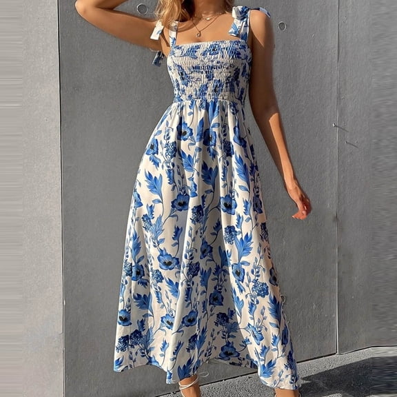 Sakmal Blue Sundresses for Curvy Women Long Derby Elegant Dress Floral Sleeveless Dresses