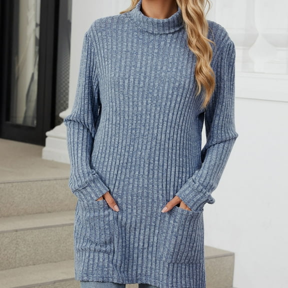 Sakmal Blue Sweaters for Women Cotton Tunic Cute Ribbed Tops High Neck Long Sleeve Plain Loose Sweaters with Pockets