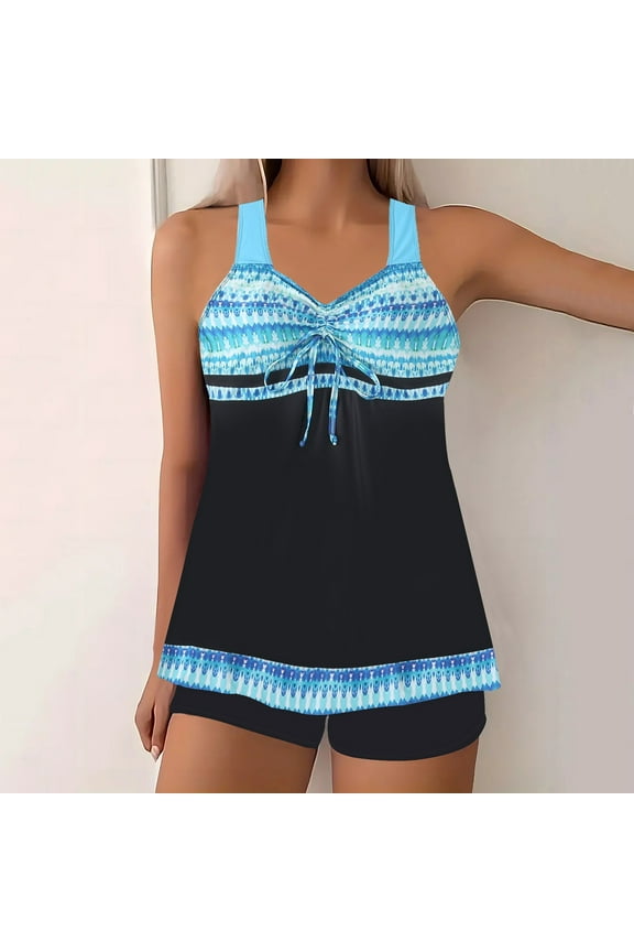 Blue Swimsuits for Women 2025 Two Piece Sets Tie Front Tankinis Plus Size Bathing Suits Full Coverage Swimsuit Sets